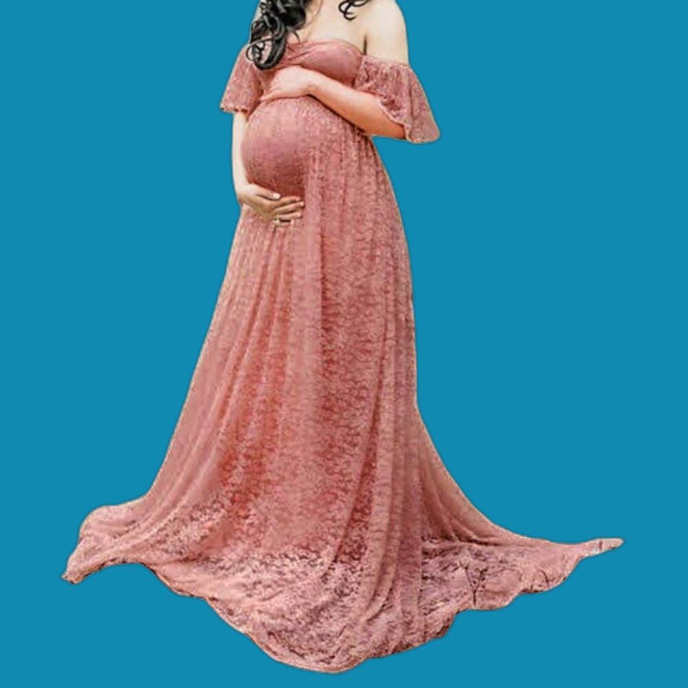 Maternity Lace Off The Shoulder Dress Gown Photo Shoot Size S Pink Carnation